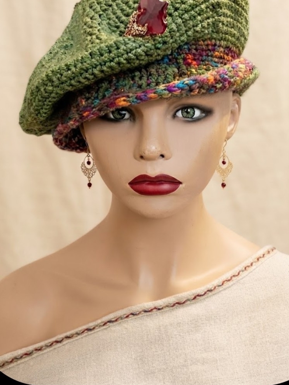Green Crochet Beret with Multicolor Trim - Women's Fashion Hat